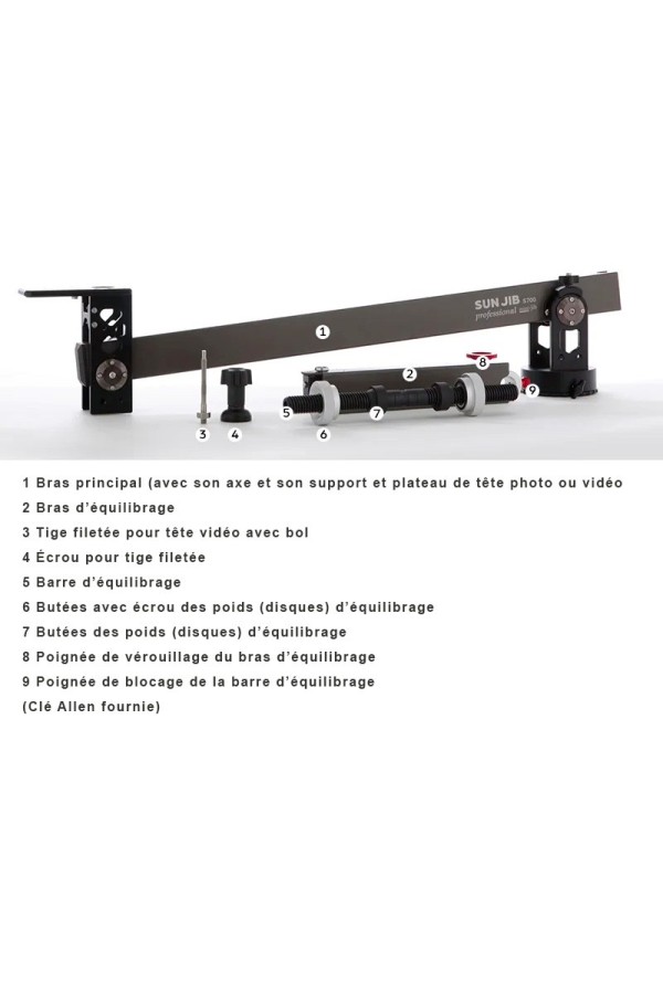 GRUE VIDÉO SUNJIB S700 - Longueur bras principal 82 cm - Liste des élements -  Konova